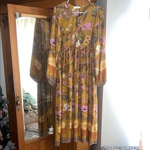 Boho Floral Tie-Neck Maxi Dress in Mustard with Pink Accents